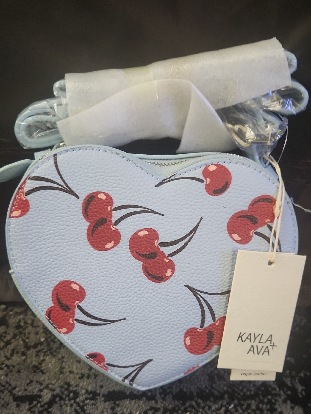 Light Blue Heart Shoulder/Hand Bag with Cherry Print